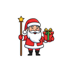 A cheerful cartoon illustration of Santa Claus, dressed in his iconic red suit, holding a gift box and a star-topped wand.