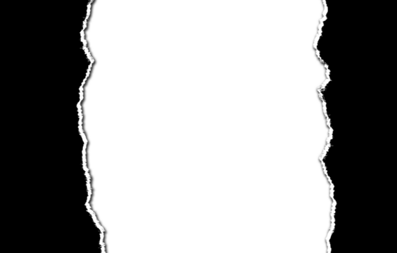 Two vertical rough torn paper edges with white textured borders against a stark black background creating a dramatic abstract visual effect