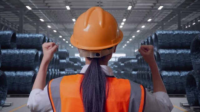 Close Up Back View Of A Female Engineer With Safety Helmet Raising Her Hands Celebrating While Working with Stacks of Huge Metal Wire Coils in Warehouse