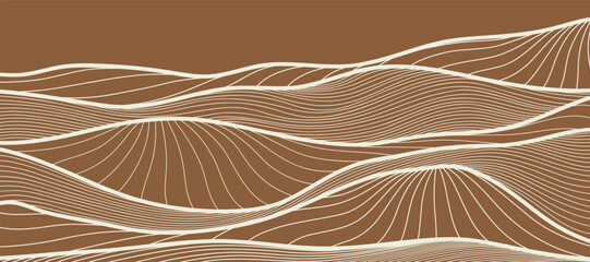 Mountain line art background, luxury wallpaper design for covers, invitation backgrounds, packaging designs, wall art and prints. Vector illustration.