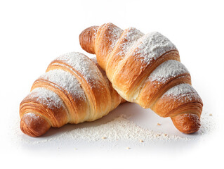 two croissant sprinkled with powdered sugar isolated on white background