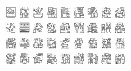 An illustration of various robotic systems and automated processes in thin line style against a clean white background.