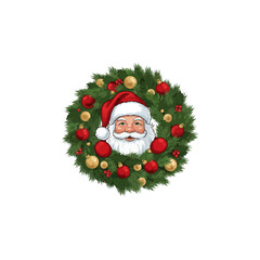 A festive Christmas wreath with a smiling Santa Claus face in the center, decorated with red and gold ornaments.