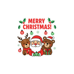 A cute cartoon illustration of Santa Claus, a reindeer, and a bear celebrating with the greeting 'Merry Christmas'.