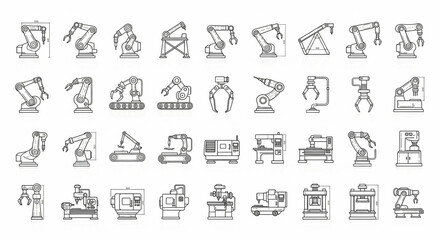 Monochrome line art showcasing multiple industrial robot arms and machines on a white background, rendered in a technical, schematic style.
