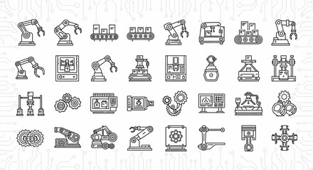 Monochrome illustration of diverse robotic arms and industrial automation equipment in a clean, minimalist style against a patterned background, conveying precision and