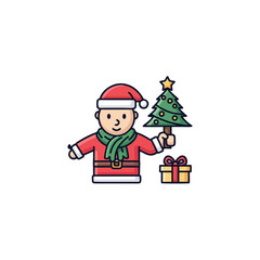 A cheerful cartoon character dressed as Santa Claus holds a decorated Christmas tree and stands beside a gift box, ready for holiday celebrations.