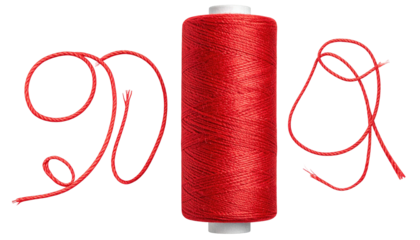 A bright red spool of thread with loose loops on either side