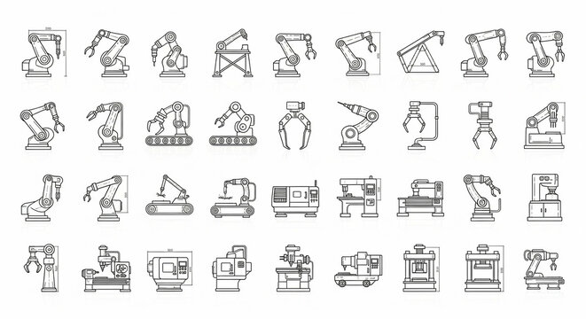 Monochrome line art showcasing multiple industrial robot arms and machines on a white background, rendered in a technical, schematic style.