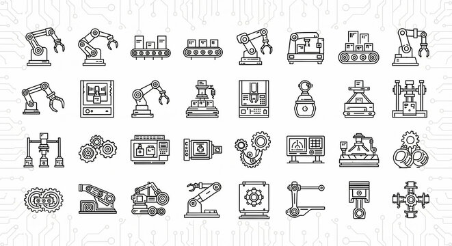 Monochrome illustration of diverse robotic arms and industrial automation equipment in a clean, minimalist style against a patterned background, conveying precision and