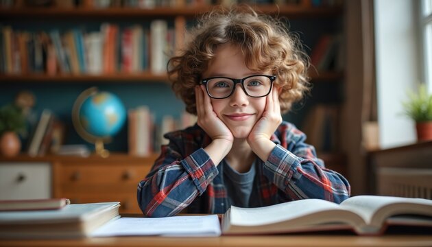 Young boy smiles studying at desk. Kid wears glasses and plaid shirt. He is surrounded by books and globe. Happy child looks at camera in home library.