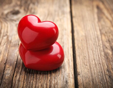 Two shiny red heart-shaped objects stacked on weathered wooden planks
