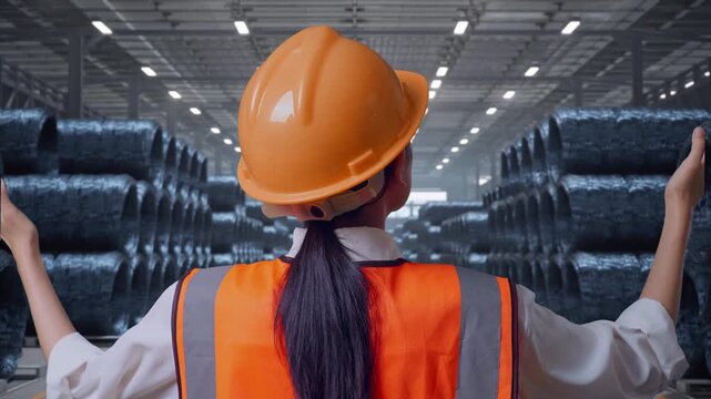 Close Up Back View Of A Female Engineer With Safety Helmet Spreading Arms While Standing with Stacks of Huge Metal Wire Coils in Warehouse
