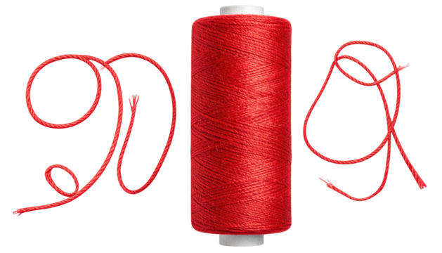 A bright red spool of thread with loose loops on either side