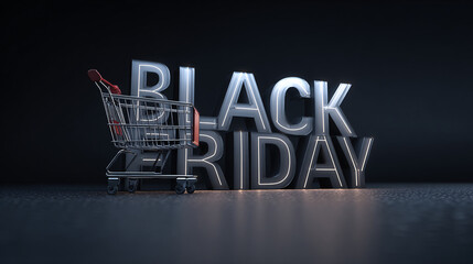 Black friday text with neon light behind, retail shopping cart for sales event