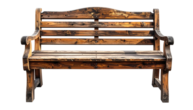 Rustic wooden park bench, aged finish, ornate arm rests