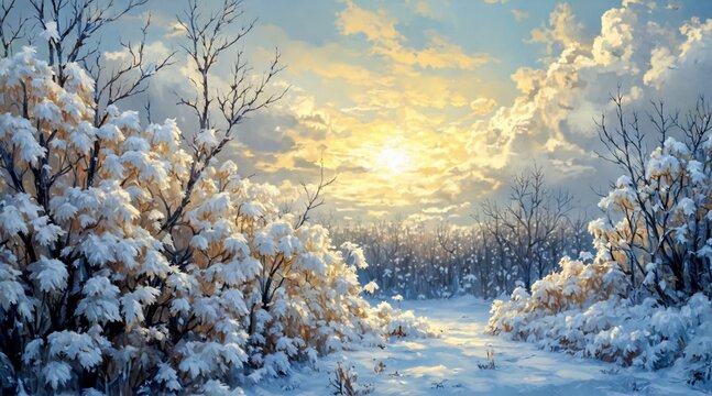 A lone child walks through a serene, snow-covered forest under a bright blue sky dotted with fluffy clouds. The scene is peaceful and dreamy, with trees 