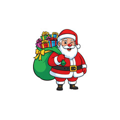 A cheerful Santa Claus figure with a large green sack filled with colorful wrapped presents.