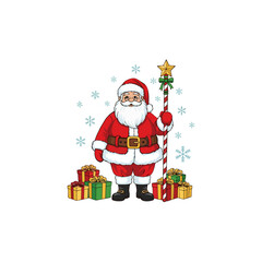 Santa Claus stands with gifts and a candy cane staff topped with a star, surrounded by falling snowflakes.