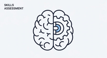 Illustration of a brain with one half as organic and the other as a gear representing skills created with generated ai