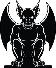 Dark gargoyle creature sitting with wings spread, scary demon monster statue silhouette, gothic horror vector illustration for Halloween fantasy design