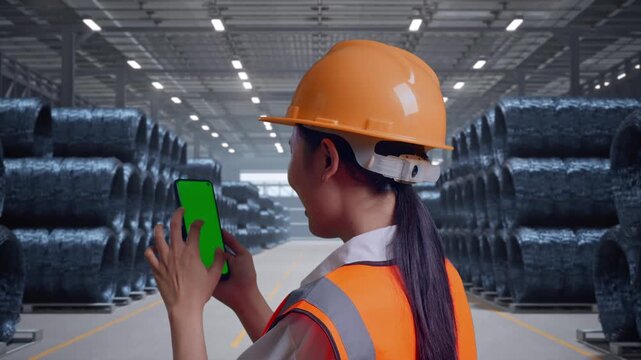 Close Up Back View Of Asian Female Engineer With Safety Helmet Working On A Green Screen Smartphone And Looking Around with Stacks of Huge Metal Wire Coils in Warehouse