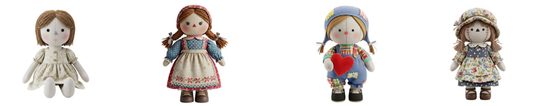 A collection of four rag dolls each with unique outfits and hairstyles on a plain surface on transparent background