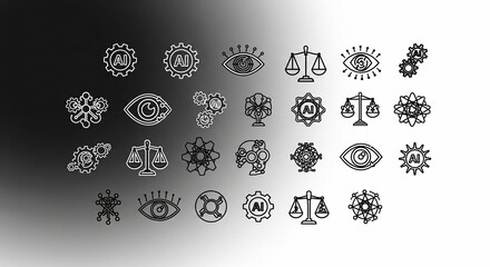 Monochromatic illustration of AI-related icons arranged on a blurred gradient background, conveying a modern, tech-forward concept.