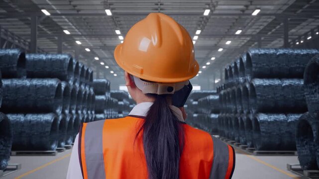 Close Up Back View Of Asian Female Engineer With Safety Helmet Talking On Smartphone While Standing with Stacks of Huge Metal Wire Coils in Warehouse