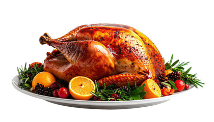 Roast turkey centerpiece garnished with rosemary and citrus