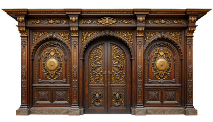 Elaborate wooden door with intricate carvings isolated on white background