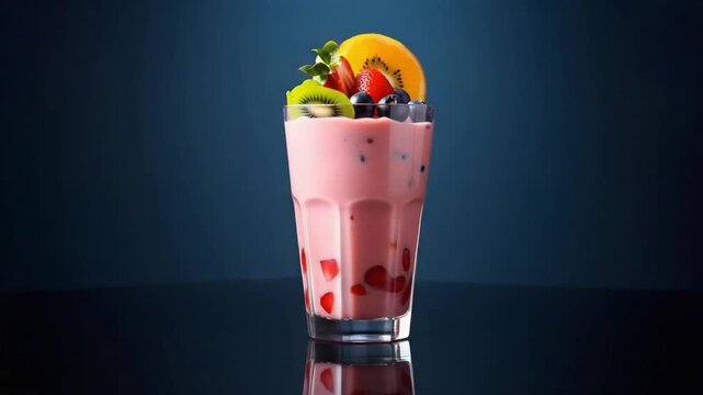 Refreshing fruit smoothie with strawberry, kiwi, orange and blueberry mix