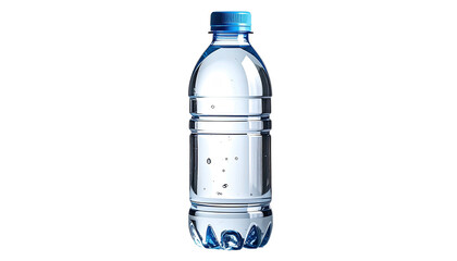 Clear plastic water bottle with blue cap, against black backgrnd
