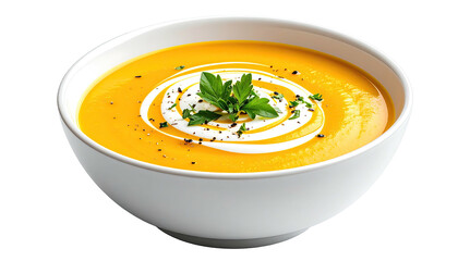 Smooth orange soup with cream swirl and parsley in white bowl