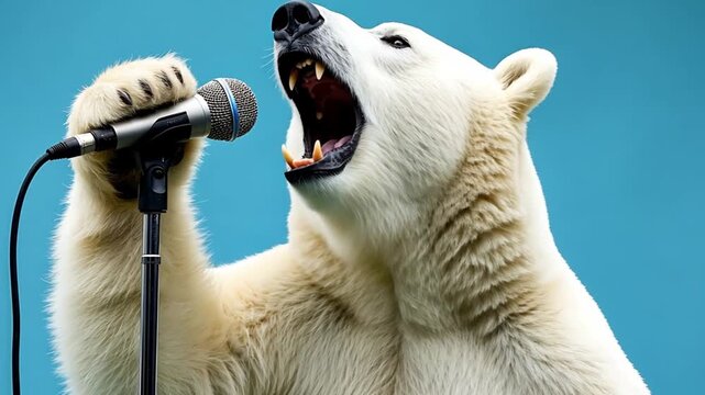 Polar bear with open mouth singing loudly into a microphone, performing karaoke on a vibrant blue background