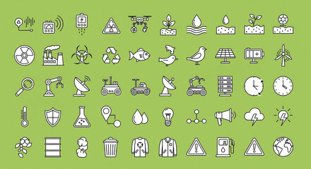 Flat lay of environmental icons, including recycling, drones, and solar panels, arranged on a green background, conveying ecological concepts with line art.