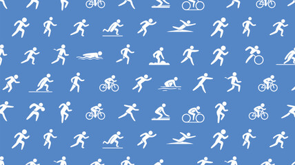 Fototapeta premium White athletic figures on blue background showing running swimming and cycling sports activity icons