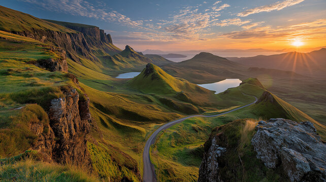Scenic mountain range at sunset with winding road and lakes
