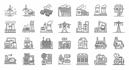 Line art illustration of power plants and energy sources in a minimalist style against a white background, conveying environmental awareness.