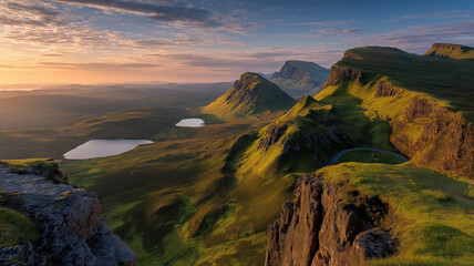 Golden hour illuminates rolling green hills and a winding road in the scottish highlands