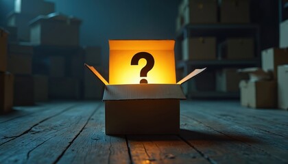 Open box glows with bright light and large question mark inside. Stacks of cardboard containers fill warehouse shelves. Mysterious package on wooden floor.