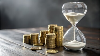 Elegant hourglass tracks time passing beside growing stacks of golden coins on a rich wooden surface for financial planning success