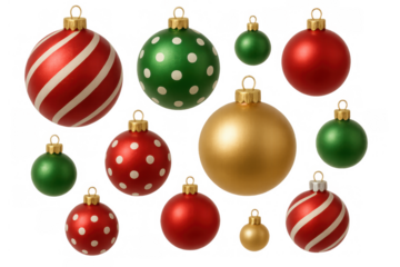 Christmas ornaments falling, creating a festive holiday pattern with red, green, and gold baubles on transparent background