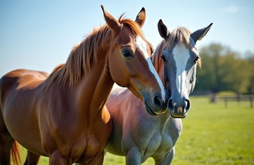 Two horses stand in field, showing affection. Brown, grey animals touch heads in friendship communication. Equine interaction in pasture with green grass. Mammals care, connect, build relationships