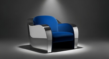 A blue velvet armchair with chrome accents under a spotlight in a dark studio environment shown