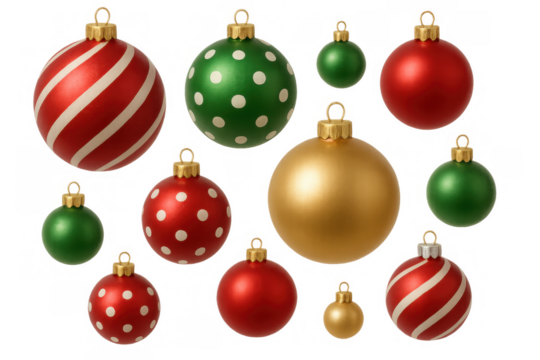 Christmas ornaments falling, creating a festive holiday pattern with red, green, and gold baubles on transparent background