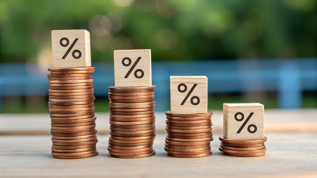 Falling interest rates shown by coin stacks and percentage blocks offer a visual representation of financial decline and economic trends