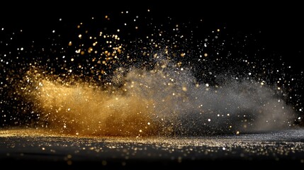 A vibrant explosion of golden and silver dust against a dark backdrop, creating a dynamic and visually captivating effect.