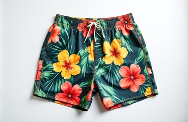 Mens tropical floral swim shorts with drawstring waist. Dark background features bold yellow red hibiscus flowers green palm leaves. Summer beachwear apparel object isolated on white.