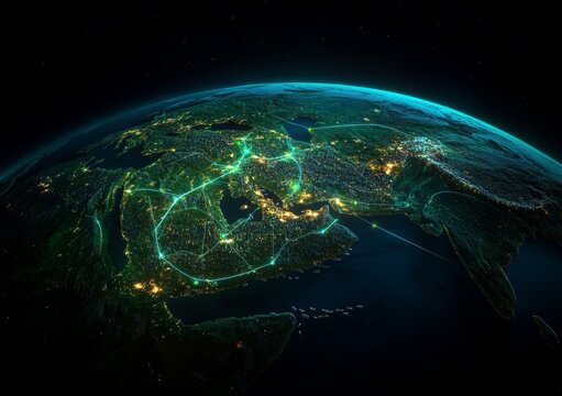 Visualize global connections with this stunning earth view showcasing a networked planet perfect for illustrating international business and tech solutions